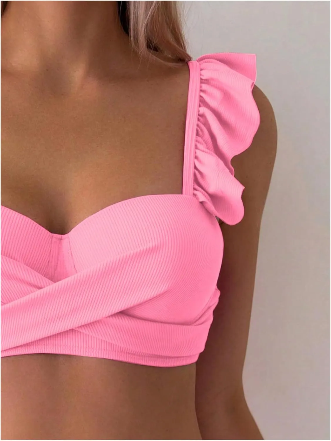 MakeMeChic Women's 2 Piece Bikini Sets Criss Cross Ruffle Trim Rib Knitted Beach Swimsuit High Waisted Bathing Suit