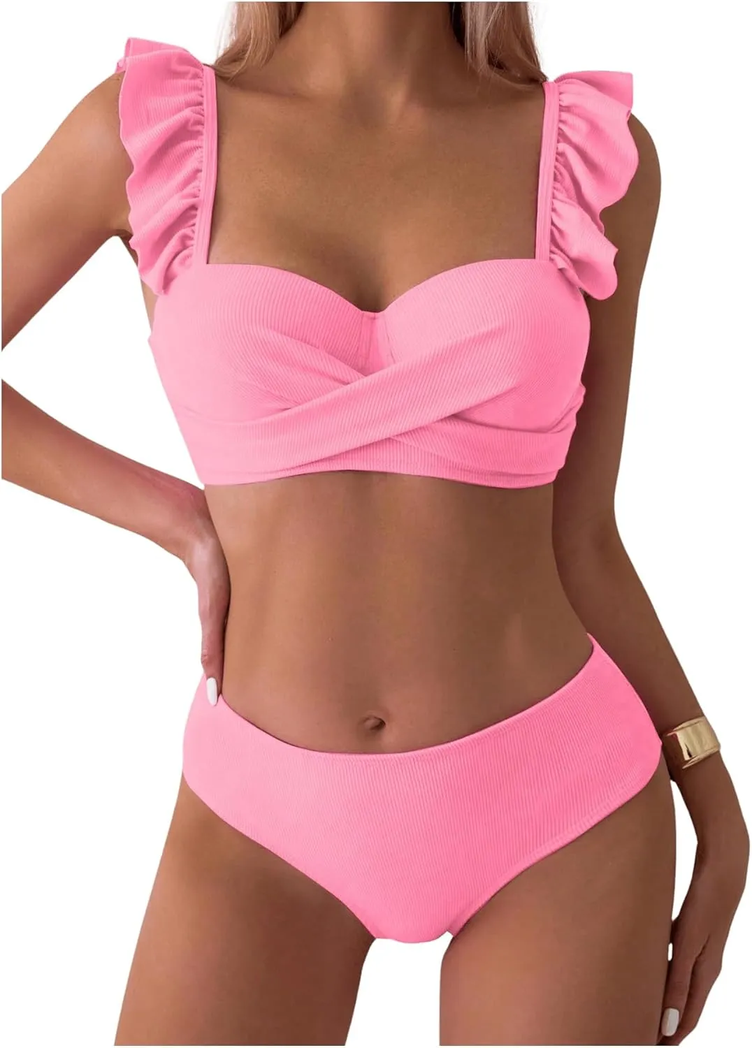 MakeMeChic Women's 2 Piece Bikini Sets Criss Cross Ruffle Trim Rib Knitted Beach Swimsuit High Waisted Bathing Suit