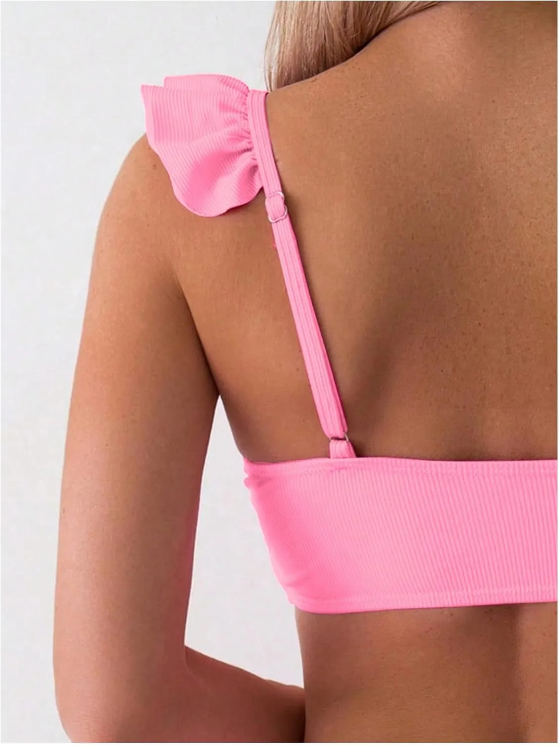 MakeMeChic Women's 2 Piece Bikini Sets Criss Cross Ruffle Trim Rib Knitted Beach Swimsuit High Waisted Bathing Suit