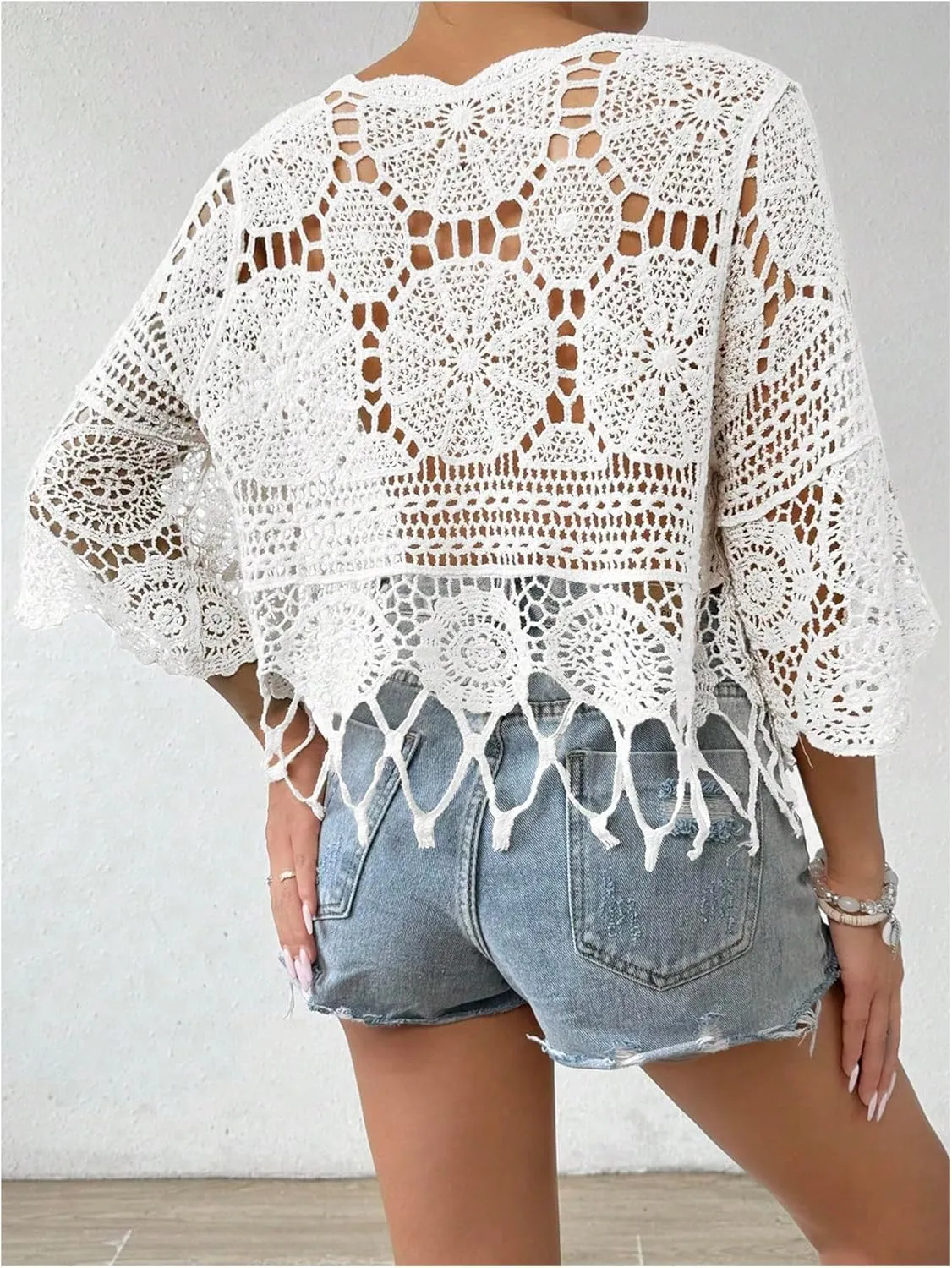 MakeMeChic Women's Crew Neck Crochet Swimsuit Cover Up 3/4 Sleeve Scallop Trim Beach Coverup