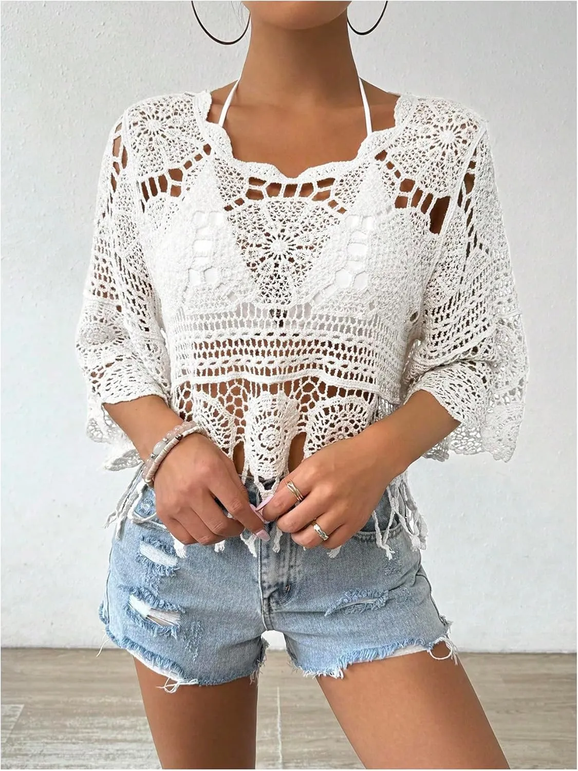 MakeMeChic Women's Crew Neck Crochet Swimsuit Cover Up 3/4 Sleeve Scallop Trim Beach Coverup
