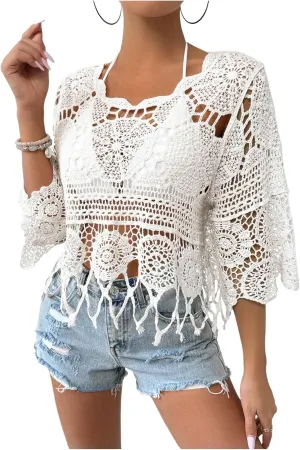 MakeMeChic Women's Crew Neck Crochet Swimsuit Cover Up 3/4 Sleeve Scallop Trim Beach Coverup