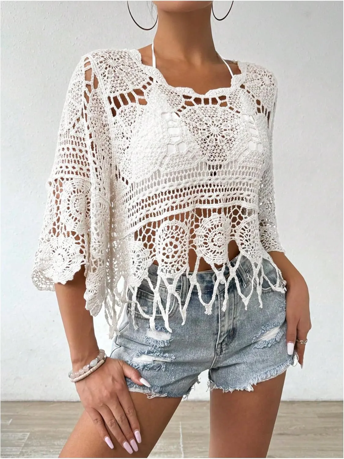 MakeMeChic Women's Crew Neck Crochet Swimsuit Cover Up 3/4 Sleeve Scallop Trim Beach Coverup
