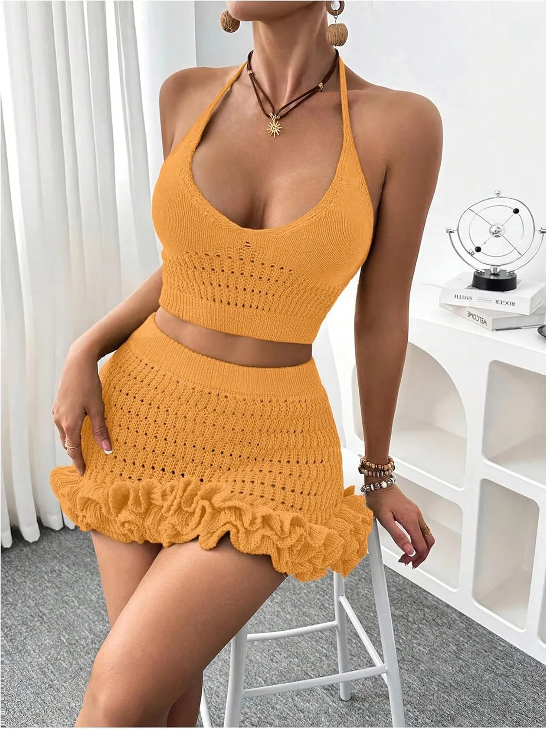 MakeMeChic Women's Crochet Cover Up Halter Crop Tops and Ruffle Skirt Swimwear Bathing Suit
