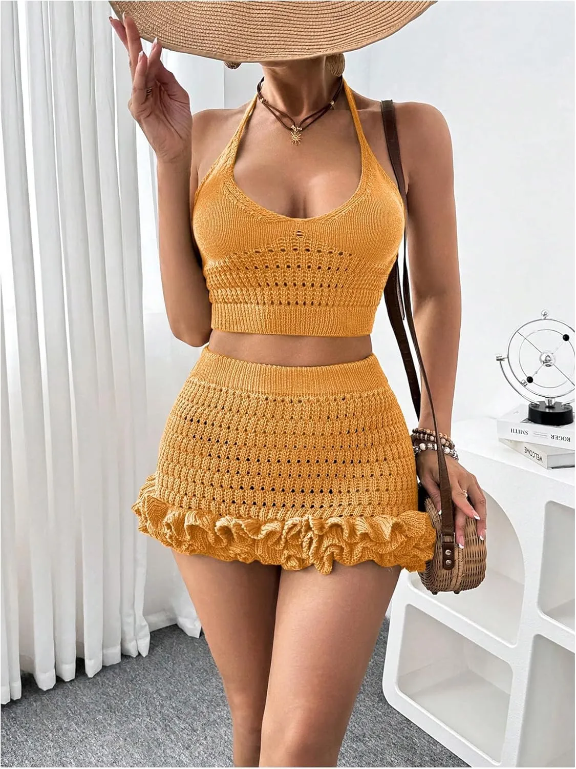 MakeMeChic Women's Crochet Cover Up Halter Crop Tops and Ruffle Skirt Swimwear Bathing Suit