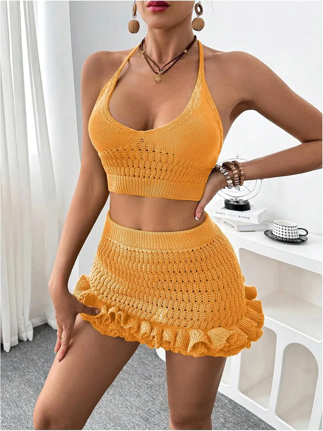 MakeMeChic Women's Crochet Cover Up Halter Crop Tops and Ruffle Skirt Swimwear Bathing Suit