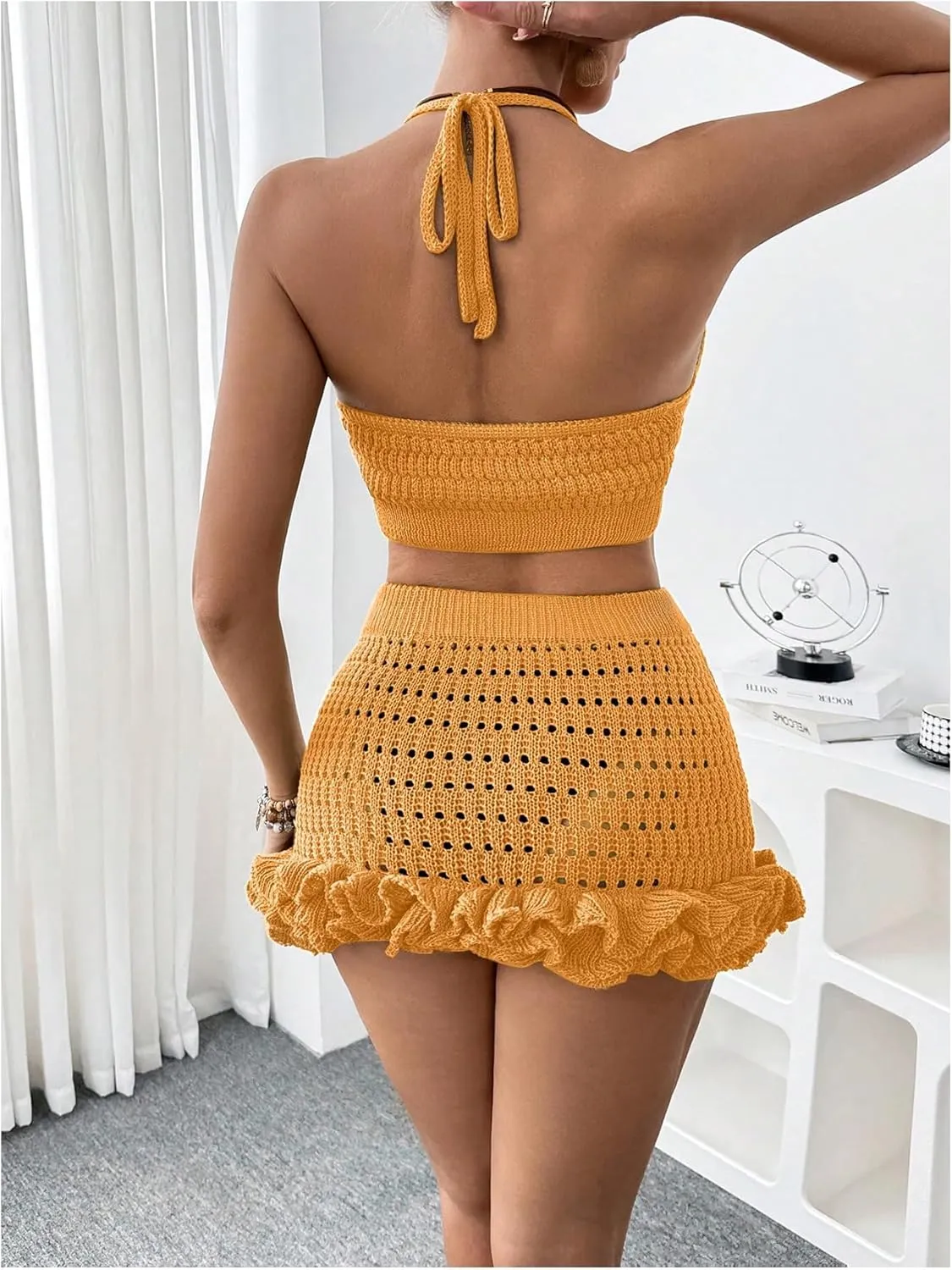 MakeMeChic Women's Crochet Cover Up Halter Crop Tops and Ruffle Skirt Swimwear Bathing Suit