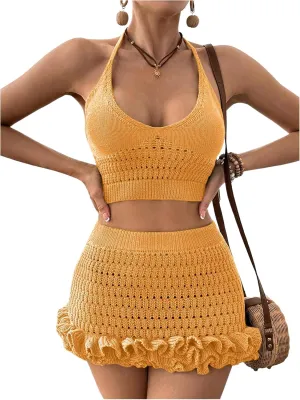MakeMeChic Women's Crochet Cover Up Halter Crop Tops and Ruffle Skirt Swimwear Bathing Suit
