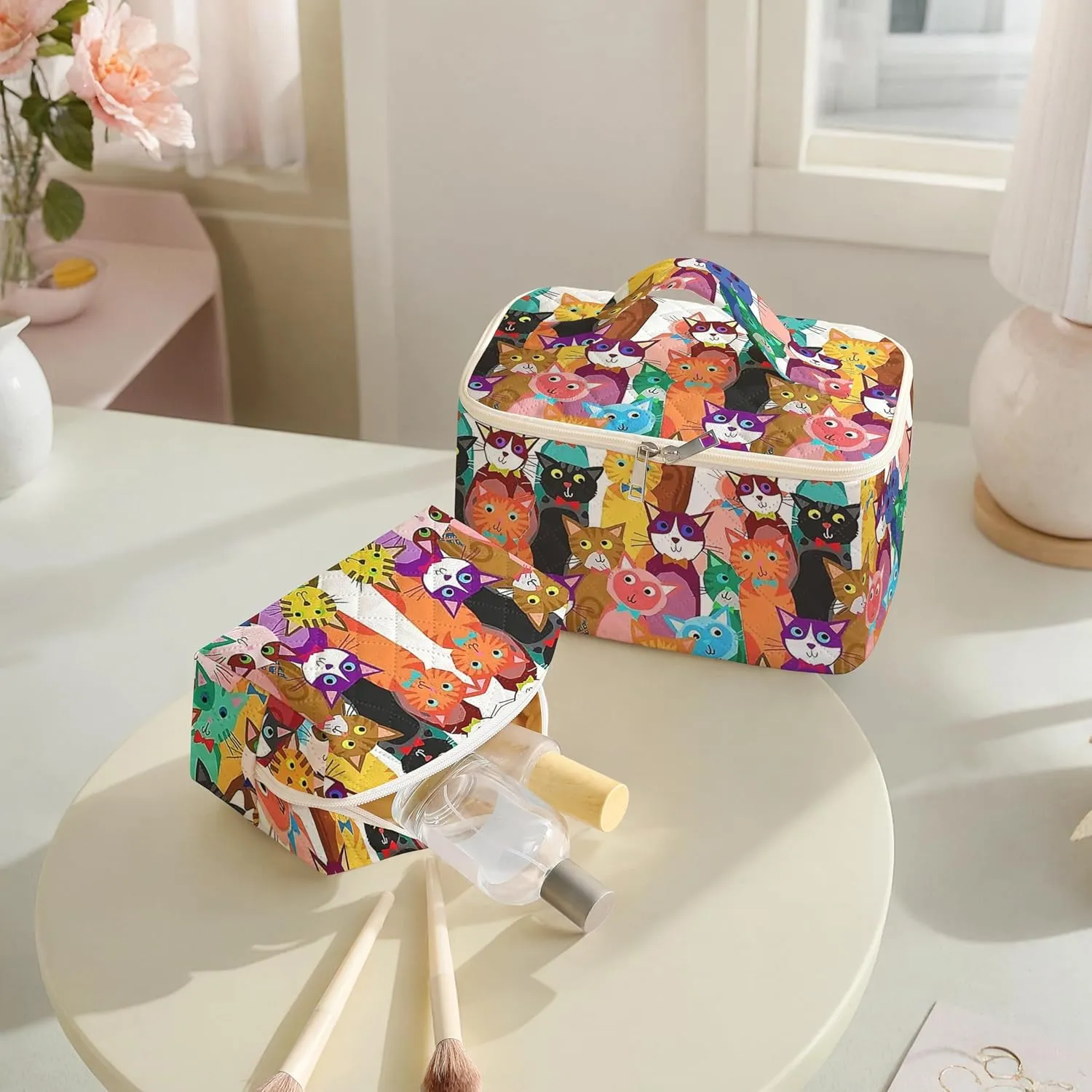 Makeup Bag For Women,Travel Toiletry Organizer,Cute Quilted Cotton Cosmetic Pouch,Portable Make Up Bags For Friendship Gift 2Pack