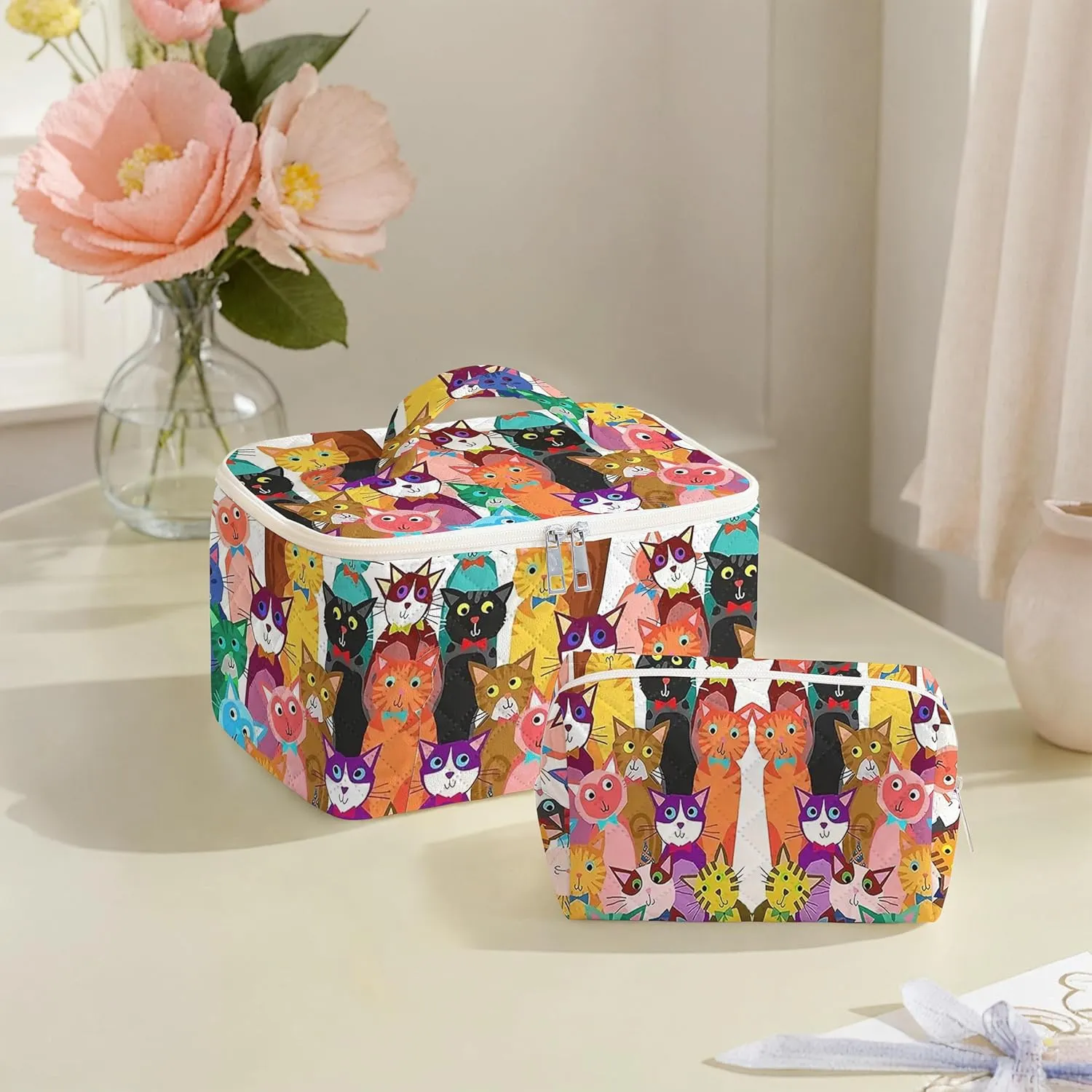 Makeup Bag For Women,Travel Toiletry Organizer,Cute Quilted Cotton Cosmetic Pouch,Portable Make Up Bags For Friendship Gift 2Pack