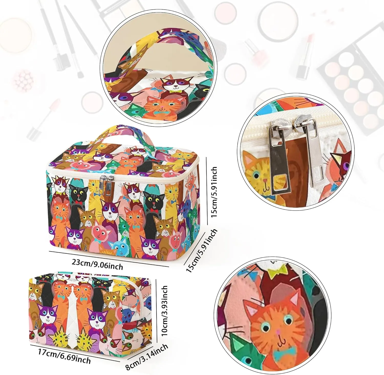 Makeup Bag For Women,Travel Toiletry Organizer,Cute Quilted Cotton Cosmetic Pouch,Portable Make Up Bags For Friendship Gift 2Pack
