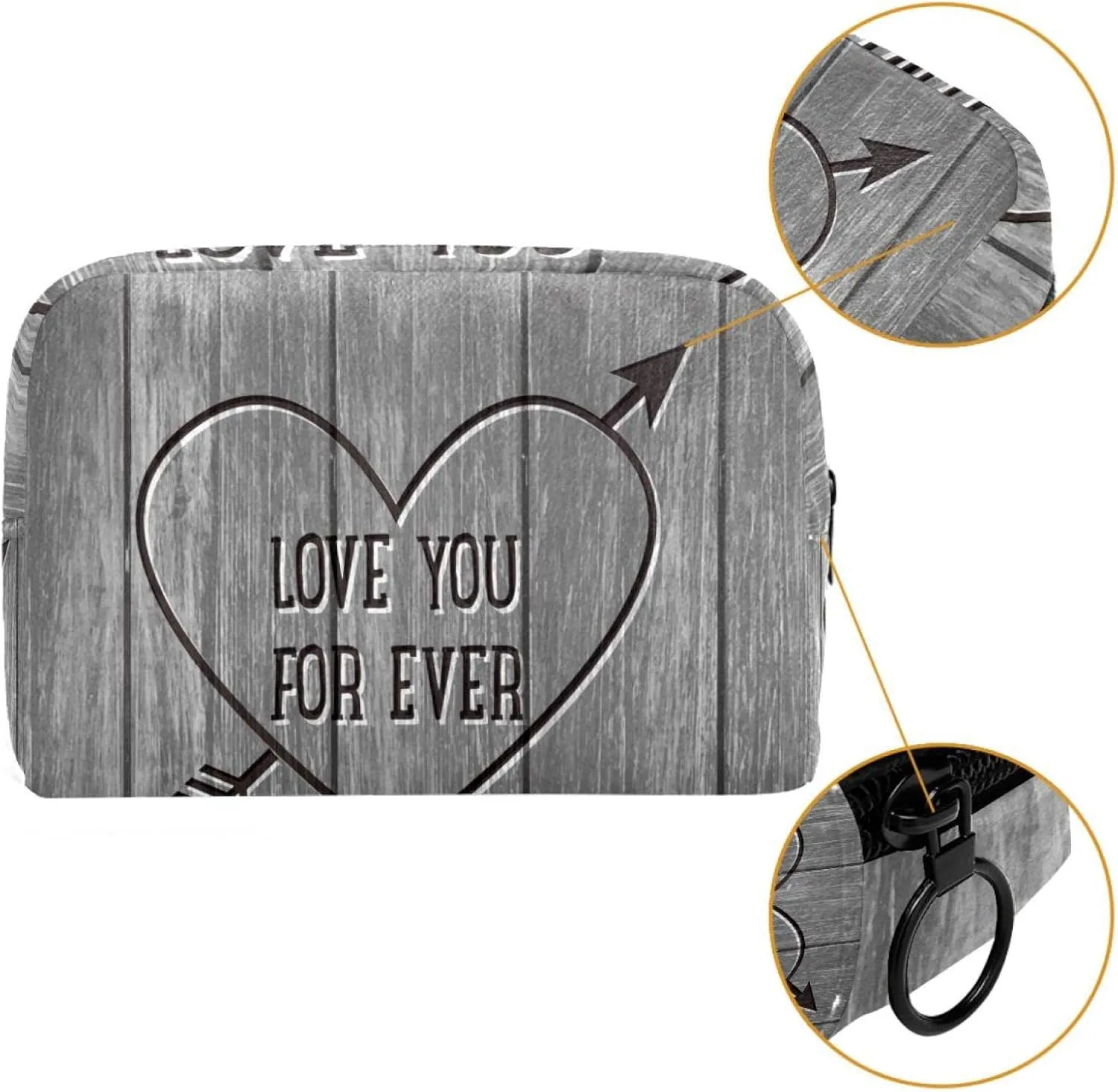 Makeup Organizer Bag, Love Heart Carved Wood Board Grey Pencil Case Cosmetic Storage Bag Portable Toiletry Pouch for Women, Men, Traveling, School