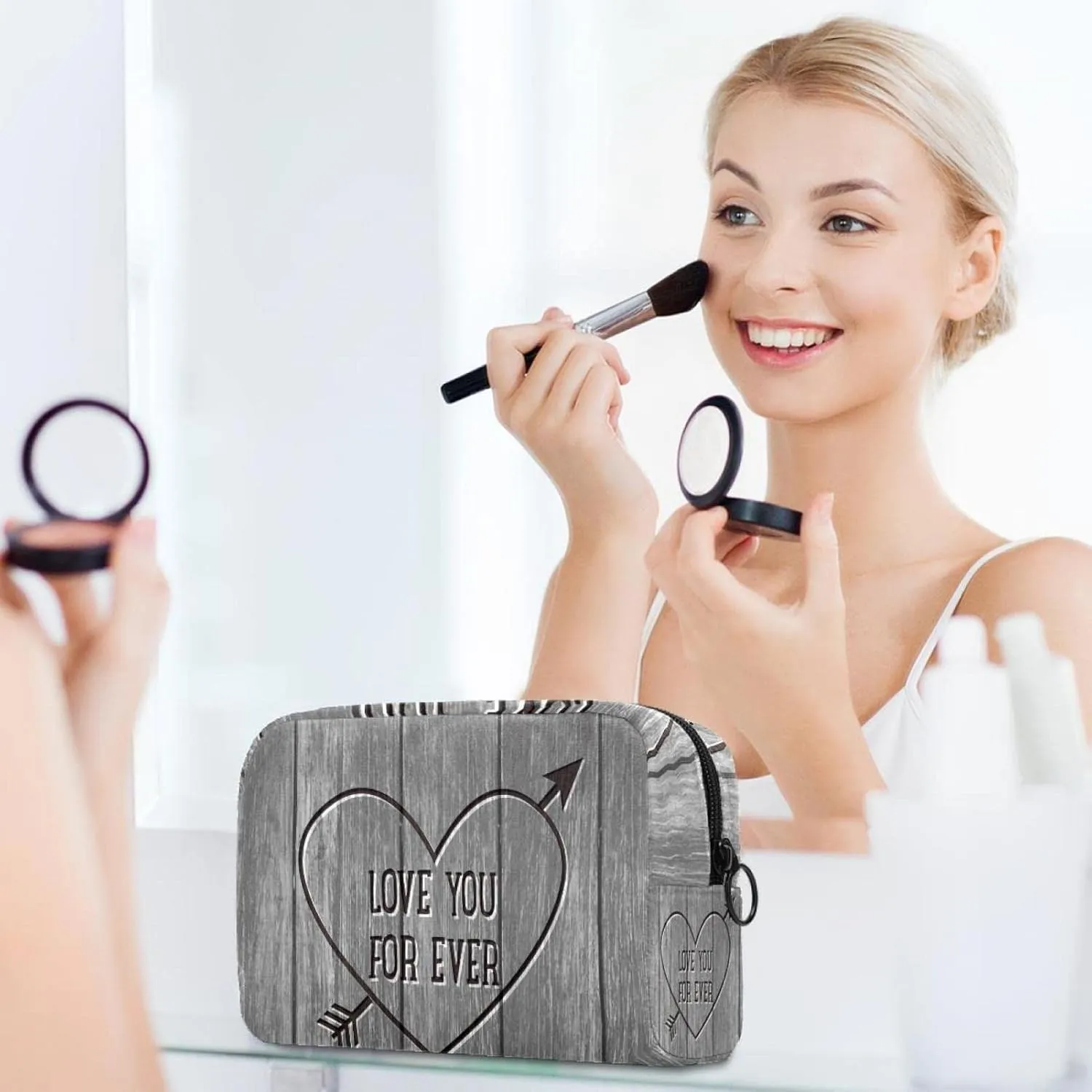 Makeup Organizer Bag, Love Heart Carved Wood Board Grey Pencil Case Cosmetic Storage Bag Portable Toiletry Pouch for Women, Men, Traveling, School