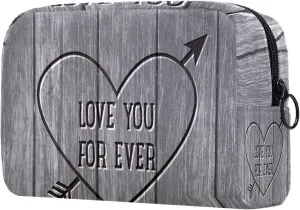 Makeup Organizer Bag, Love Heart Carved Wood Board Grey Pencil Case Cosmetic Storage Bag Portable Toiletry Pouch for Women, Men, Traveling, School