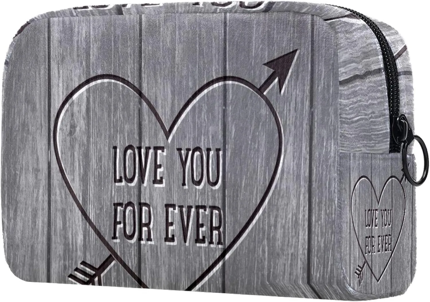Makeup Organizer Bag, Love Heart Carved Wood Board Grey Pencil Case Cosmetic Storage Bag Portable Toiletry Pouch for Women, Men, Traveling, School