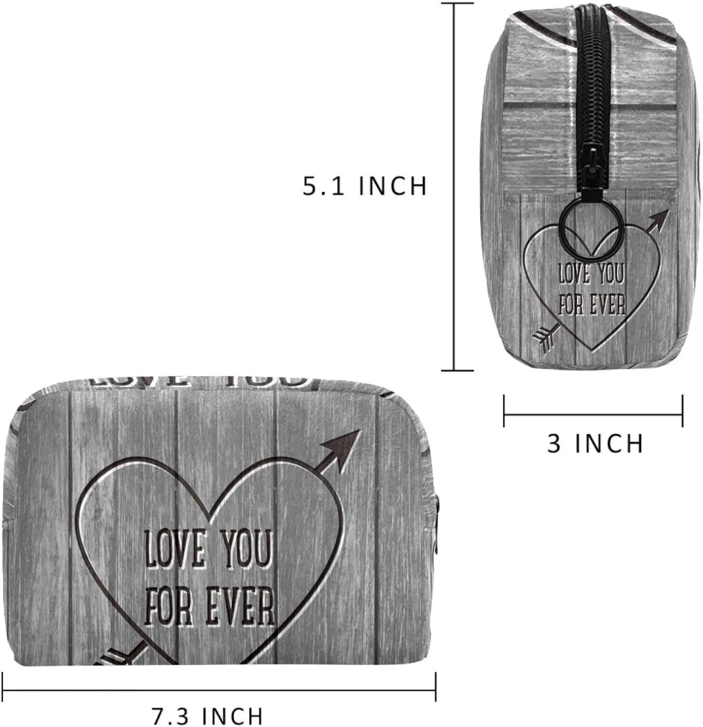 Makeup Organizer Bag, Love Heart Carved Wood Board Grey Pencil Case Cosmetic Storage Bag Portable Toiletry Pouch for Women, Men, Traveling, School
