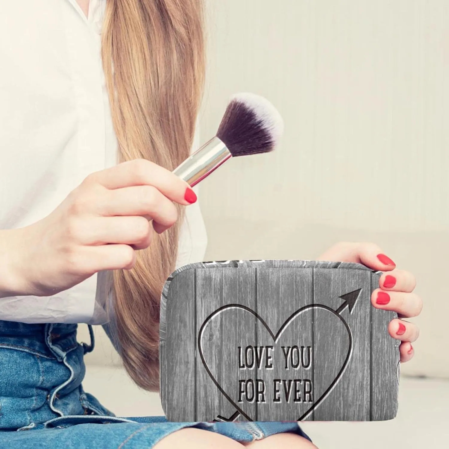 Makeup Organizer Bag, Love Heart Carved Wood Board Grey Pencil Case Cosmetic Storage Bag Portable Toiletry Pouch for Women, Men, Traveling, School