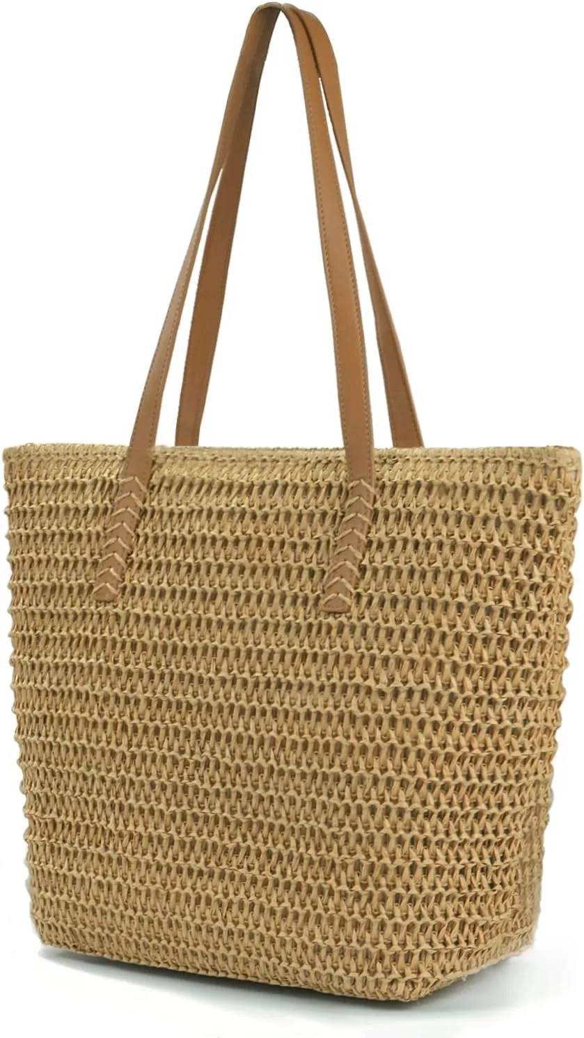 MAMUNU Straw Beach Bag for Women Large Straw Tote Bag with Zipper Summer Woven Bag Beach Travel Casual Straw Shoulder Bags