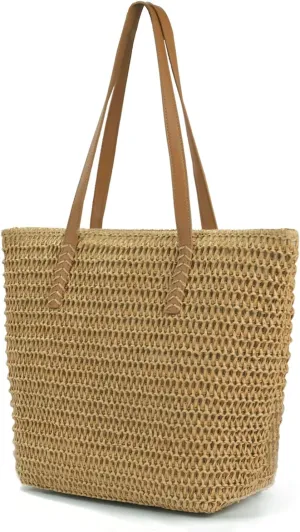 MAMUNU Straw Beach Bag for Women Large Straw Tote Bag with Zipper Summer Woven Bag Beach Travel Casual Straw Shoulder Bags
