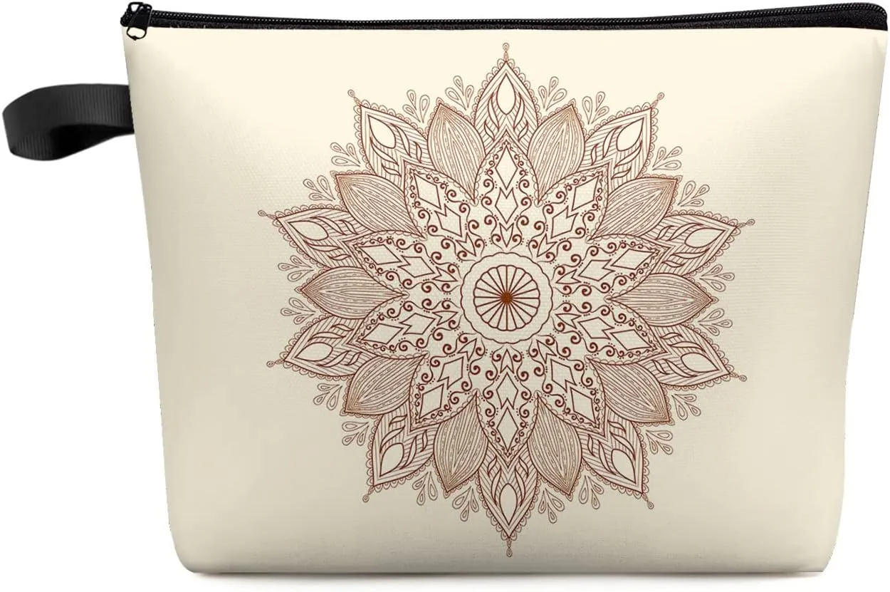Mandala Ethnic Tribes Floral Beige Cosmetic Bags for Women, Carved Arabesque Small Makeup Bag for Purse, Waterproof Travel Toiletry Bag Accessories Organizer, 1PCS