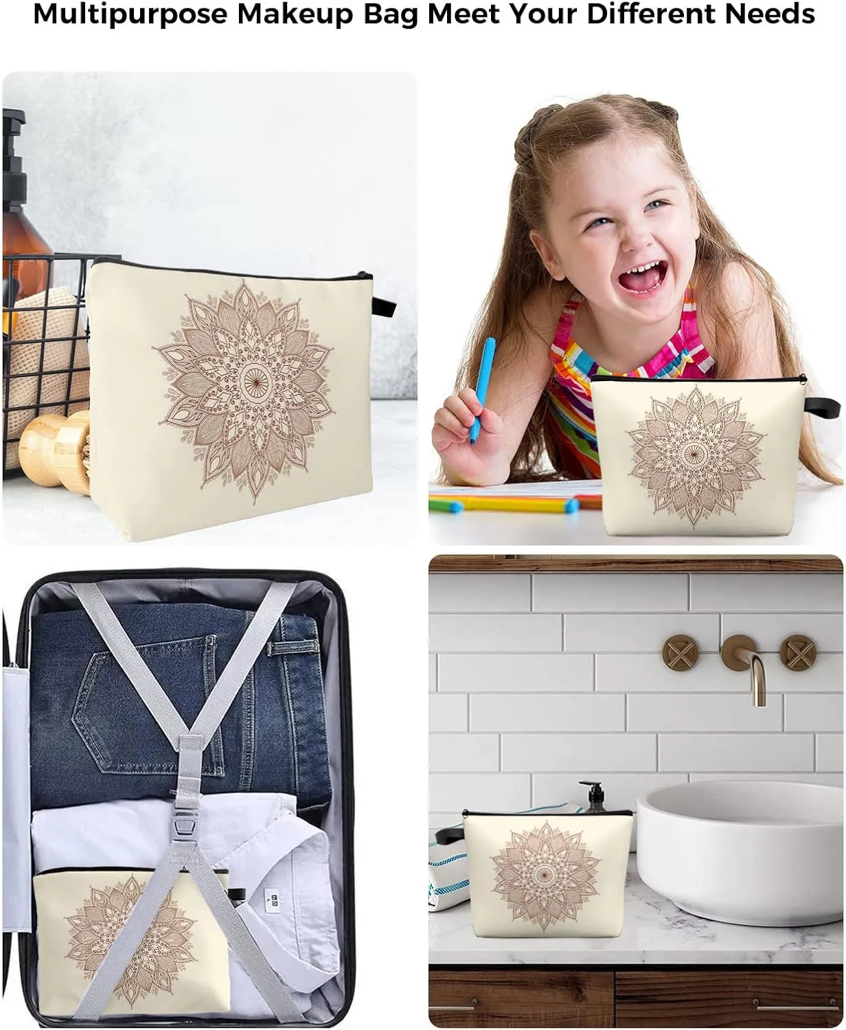 Mandala Ethnic Tribes Floral Beige Cosmetic Bags for Women, Carved Arabesque Small Makeup Bag for Purse, Waterproof Travel Toiletry Bag Accessories Organizer, 1PCS