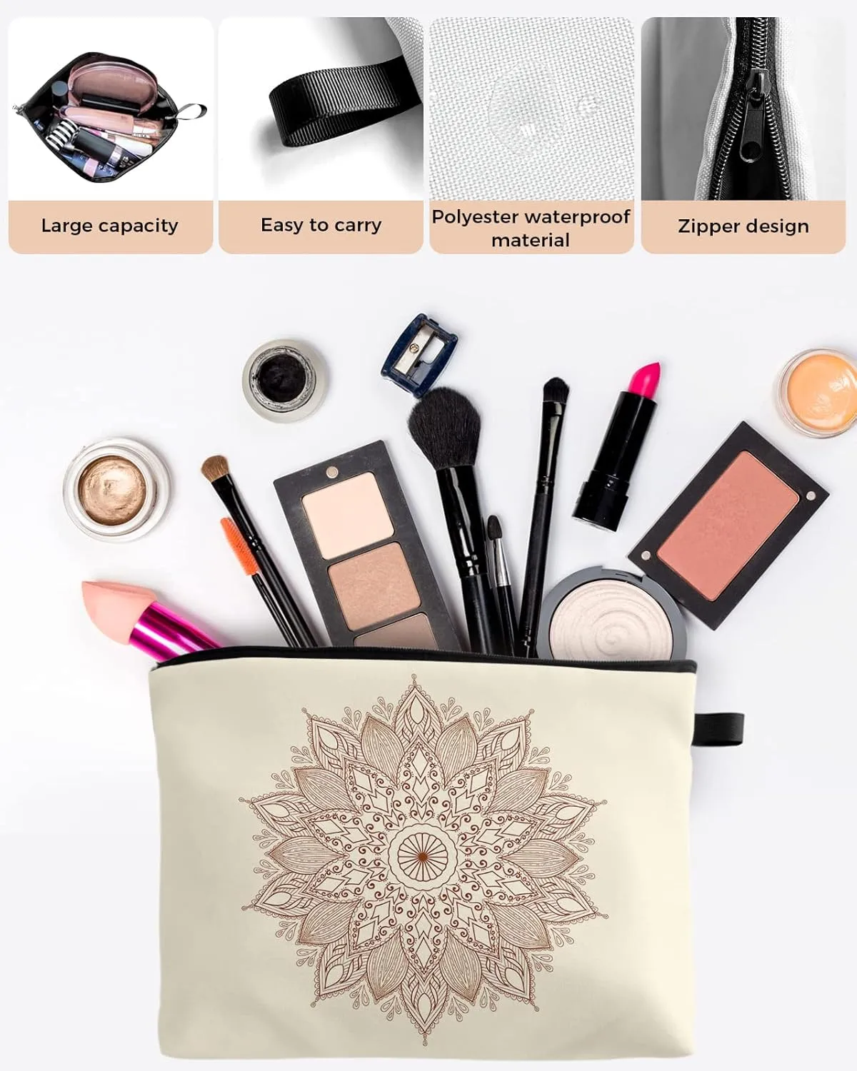 Mandala Ethnic Tribes Floral Beige Cosmetic Bags for Women, Carved Arabesque Small Makeup Bag for Purse, Waterproof Travel Toiletry Bag Accessories Organizer, 1PCS