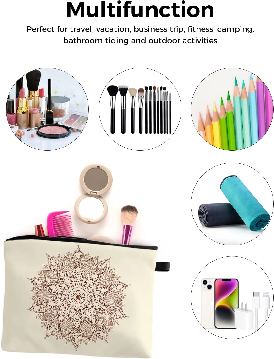 Mandala Ethnic Tribes Floral Beige Cosmetic Bags for Women, Carved Arabesque Small Makeup Bag for Purse, Waterproof Travel Toiletry Bag Accessories Organizer, 1PCS