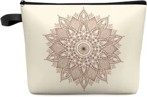 Mandala Ethnic Tribes Floral Beige Cosmetic Bags for Women, Carved Arabesque Small Makeup Bag for Purse, Waterproof Travel Toiletry Bag Accessories Organizer, 1PCS