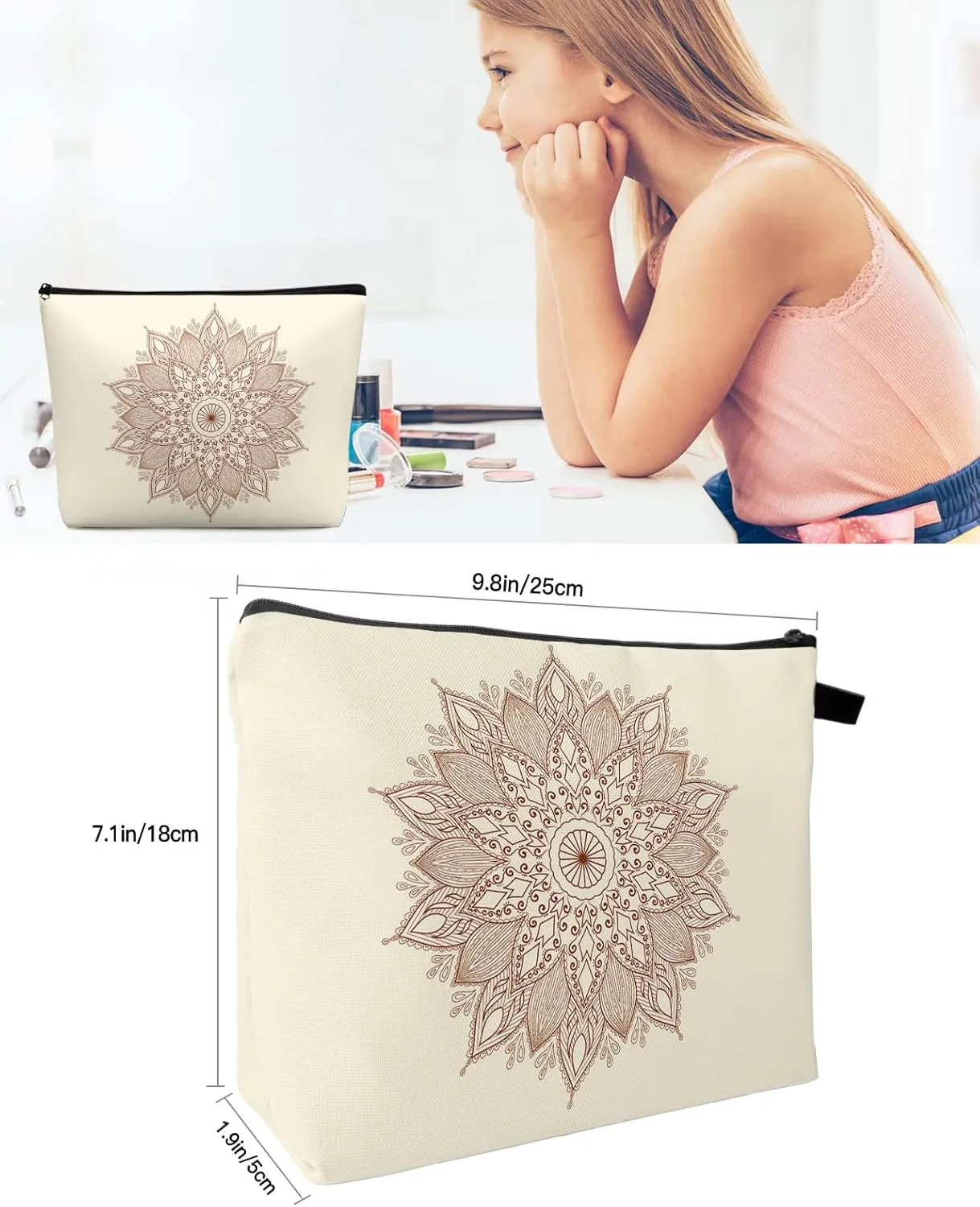 Mandala Ethnic Tribes Floral Beige Cosmetic Bags for Women, Carved Arabesque Small Makeup Bag for Purse, Waterproof Travel Toiletry Bag Accessories Organizer, 1PCS