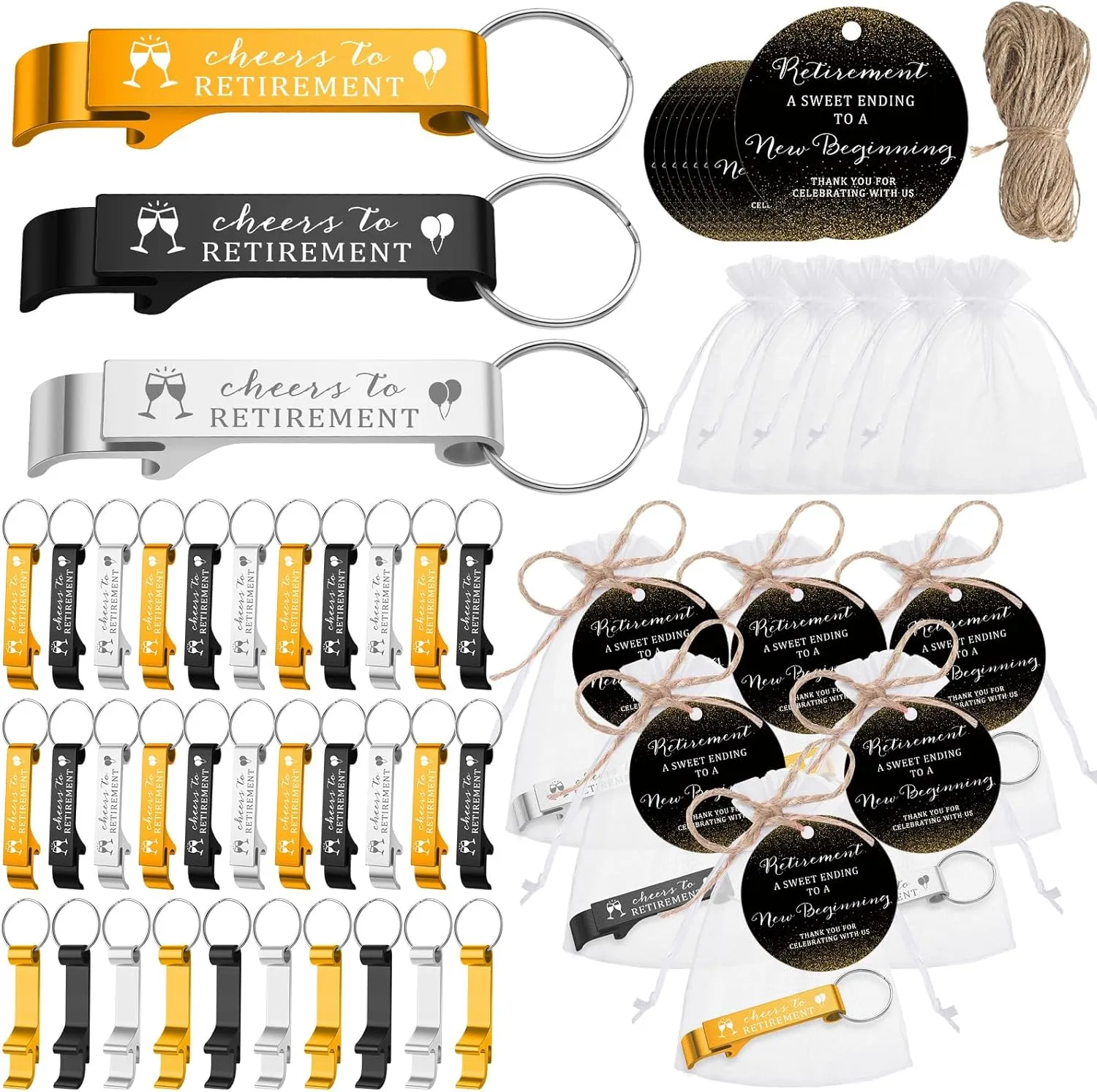 Maxcheck 100 Sets Retirement Favors for Guests Keychains Bottle Opener with Thank You Cards and Organza Bags Souvenirs Gifts