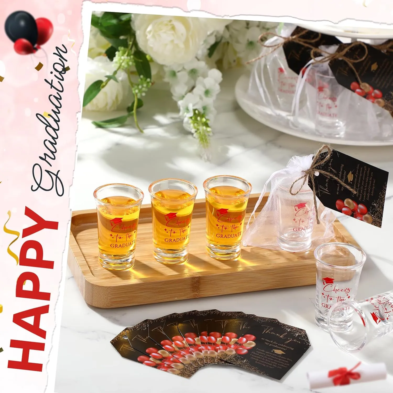 Maxcheck 50 Sets Graduation Party Favors for Guests Cheers to the Graduate Acrylic Shot Glasses with Thank You Cards and Organza Bags Graduation Gifts for Teacher Classmates Family(Red)