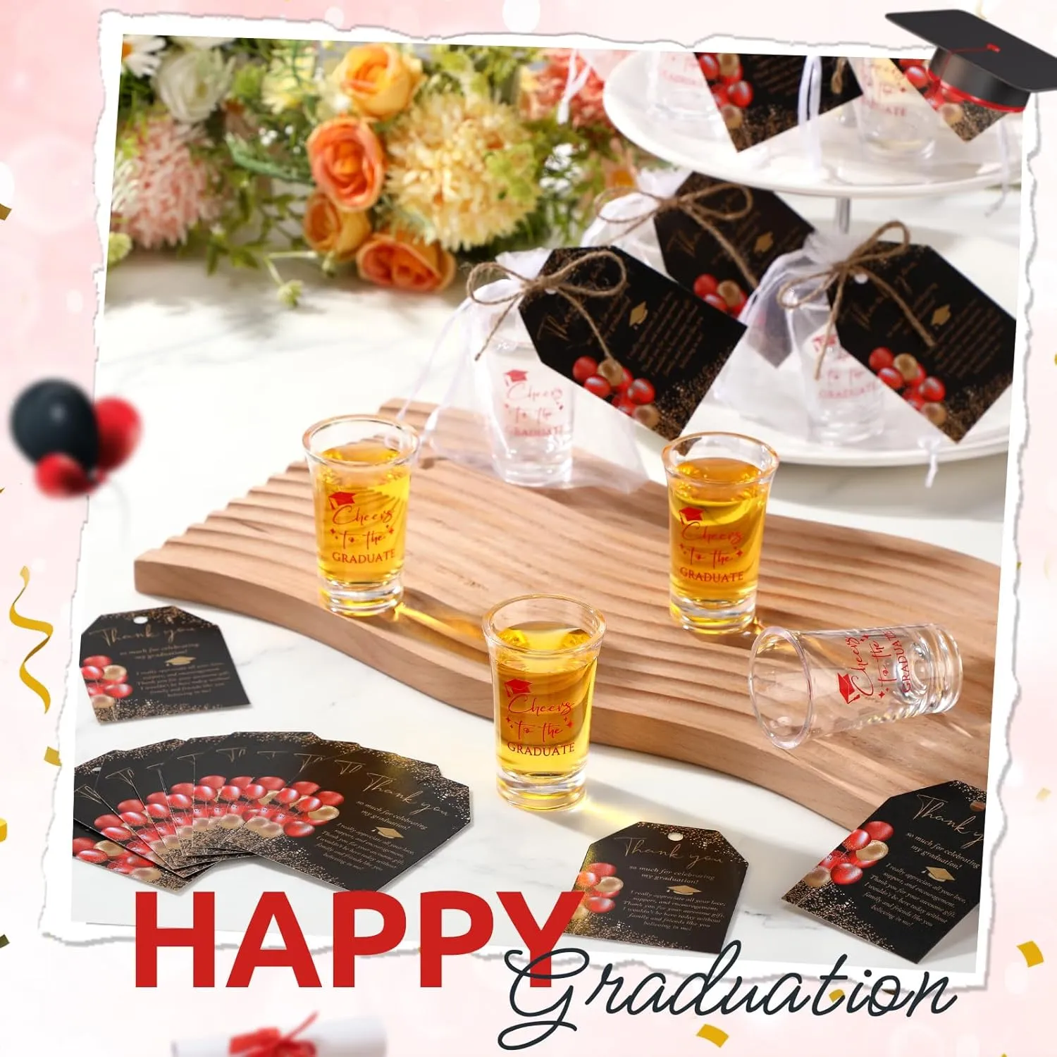 Maxcheck 50 Sets Graduation Party Favors for Guests Cheers to the Graduate Acrylic Shot Glasses with Thank You Cards and Organza Bags Graduation Gifts for Teacher Classmates Family(Red)