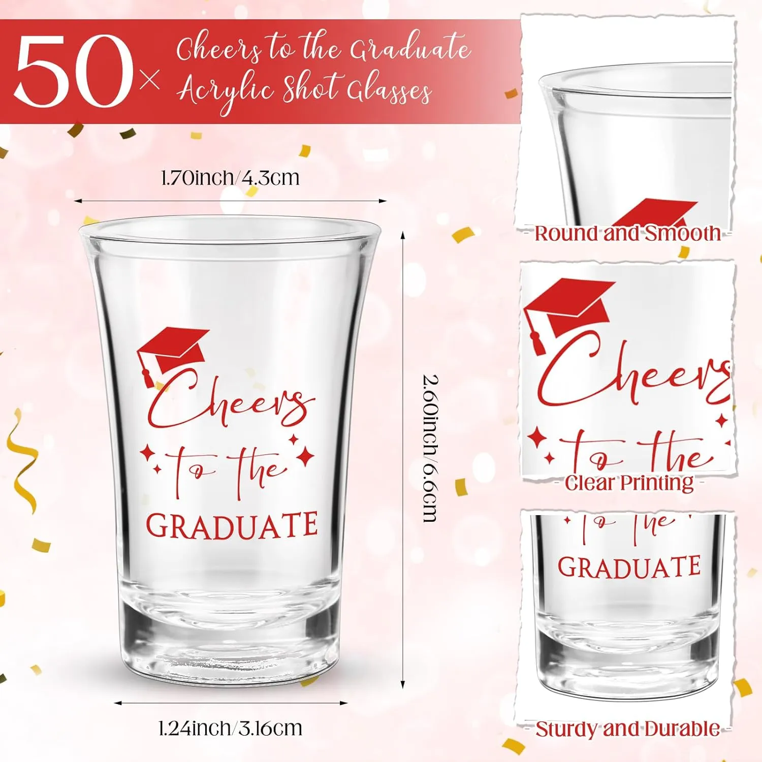 Maxcheck 50 Sets Graduation Party Favors for Guests Cheers to the Graduate Acrylic Shot Glasses with Thank You Cards and Organza Bags Graduation Gifts for Teacher Classmates Family(Red)