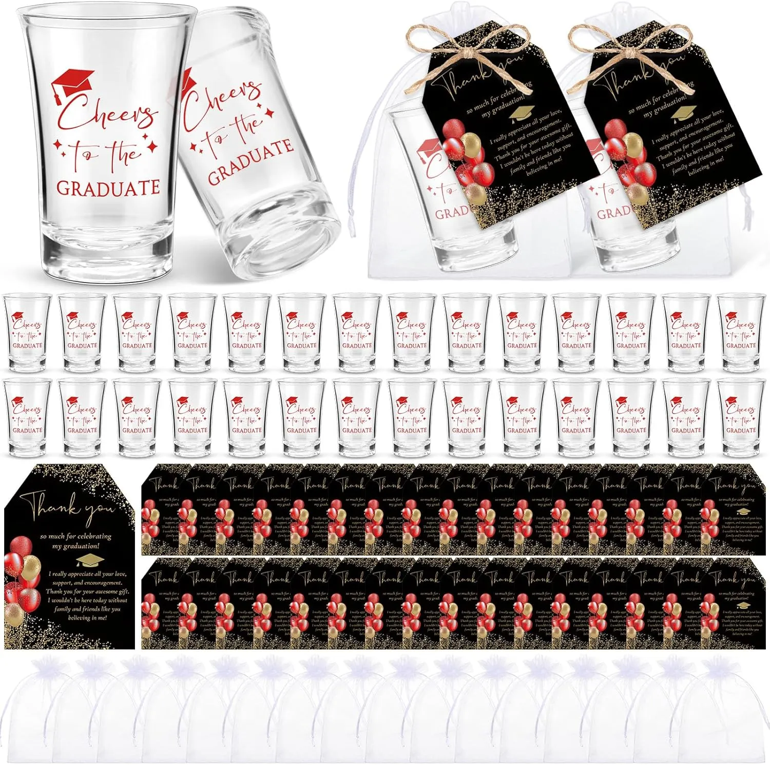 Maxcheck 50 Sets Graduation Party Favors for Guests Cheers to the Graduate Acrylic Shot Glasses with Thank You Cards and Organza Bags Graduation Gifts for Teacher Classmates Family(Red)