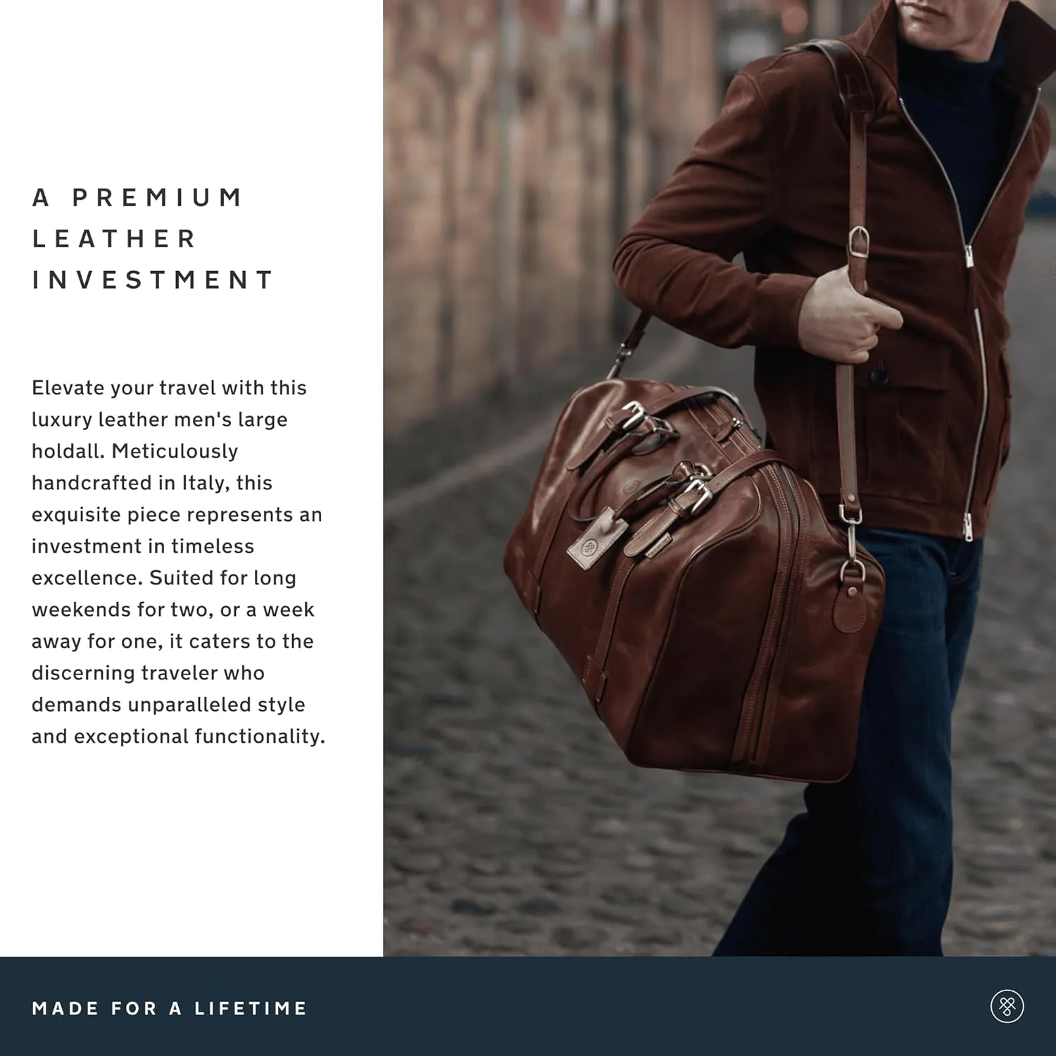 Maxwell Scott - Mens Italian Large Leather Duffle Bag for Luxury Travel - Handmade in Italy - The FleroL Chestnut Tan