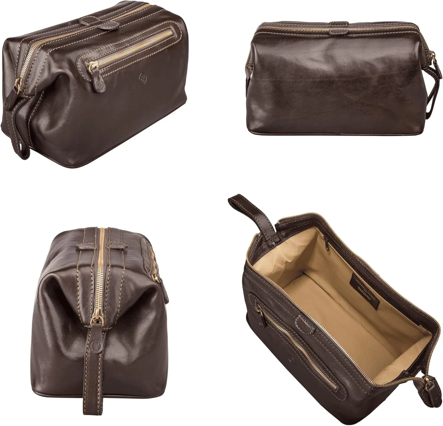 Maxwell Scott - Mens Luxury Leather Large Wash Bag Dopp Kit with Zip Opening - Handmade in Italy -The Duno Large Dark Brown