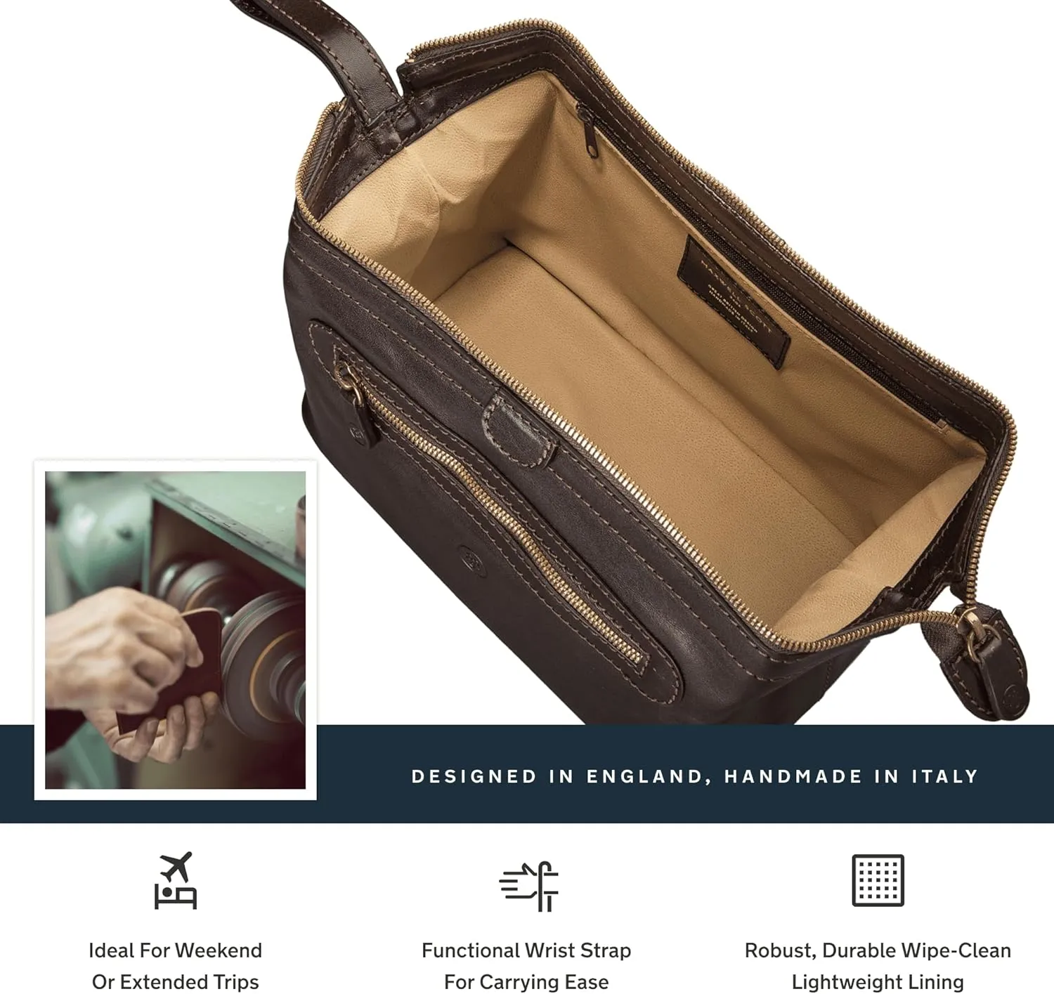 Maxwell Scott - Mens Luxury Leather Large Wash Bag Dopp Kit with Zip Opening - Handmade in Italy -The Duno Large Dark Brown