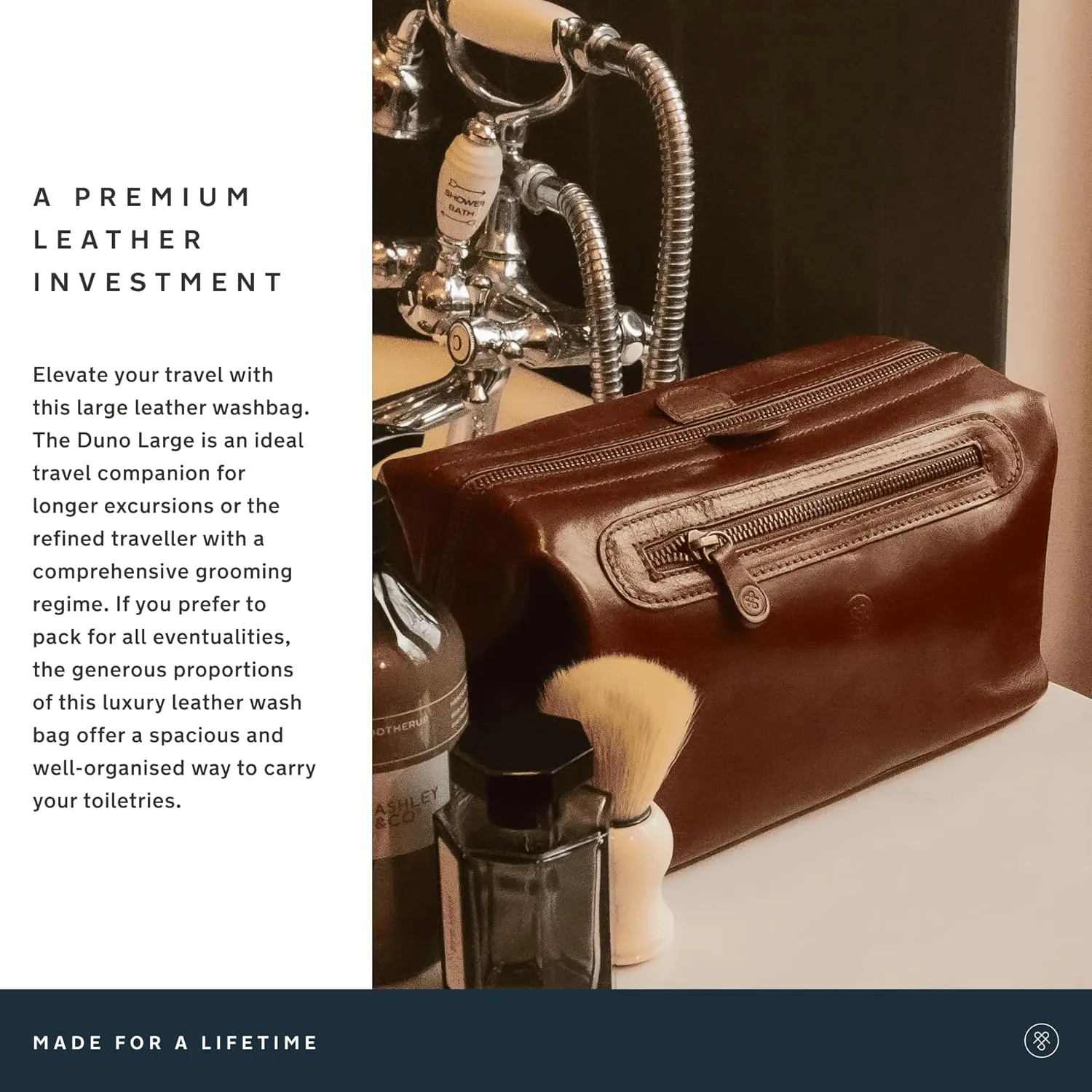 Maxwell Scott - Mens Luxury Leather Large Wash Bag Dopp Kit with Zip Opening - Handmade in Italy -The Duno Large Dark Brown