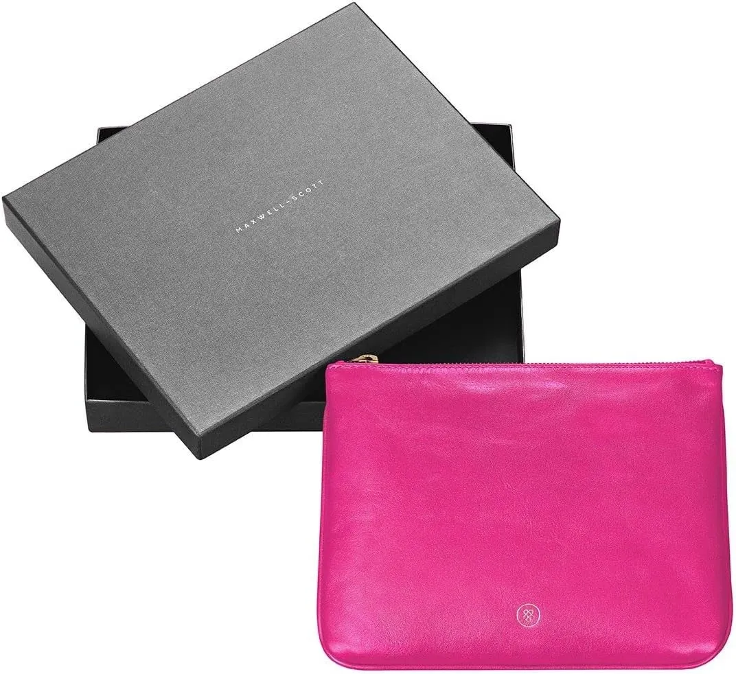 Maxwell Scott - Womens Luxury Designer Soft Leather Flat Makeup Bag Purse - Handmade in Italy- The Zeta Nappa - Hot Pink