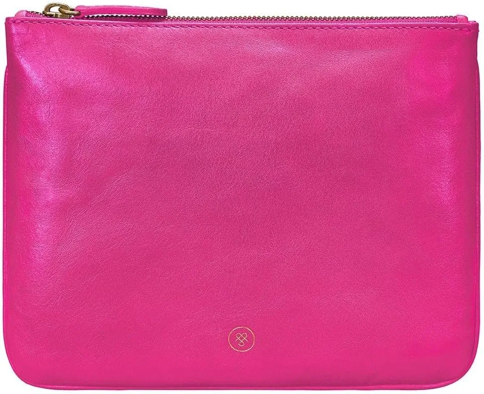 Maxwell Scott - Womens Luxury Designer Soft Leather Flat Makeup Bag Purse - Handmade in Italy- The Zeta Nappa - Hot Pink