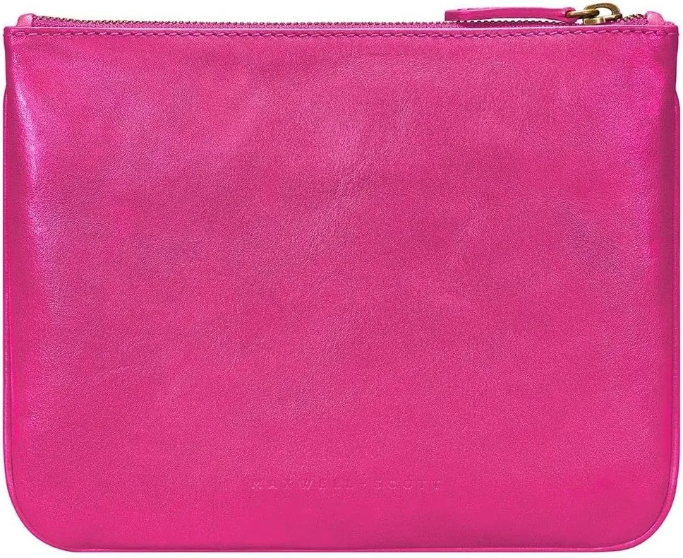 Maxwell Scott - Womens Luxury Designer Soft Leather Flat Makeup Bag Purse - Handmade in Italy- The Zeta Nappa - Hot Pink