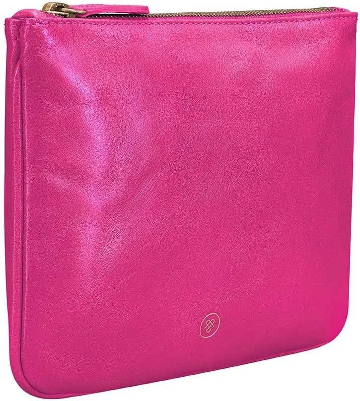 Maxwell Scott - Womens Luxury Designer Soft Leather Flat Makeup Bag Purse - Handmade in Italy- The Zeta Nappa - Hot Pink