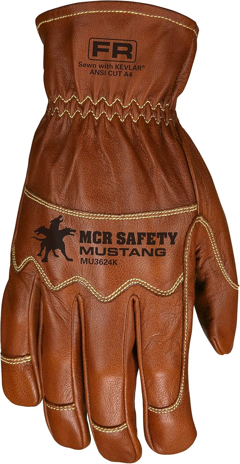 MCR Safety MU3624KL Mustang Utility Driver Glove, Premium Grain Goat Double Palm, DuPont™ Kevlar® 360 liner, Wing Thumb, Sewn with Kevlar®, Hand Protection, Utility, Construction, 1 pair, Size Large , Brown