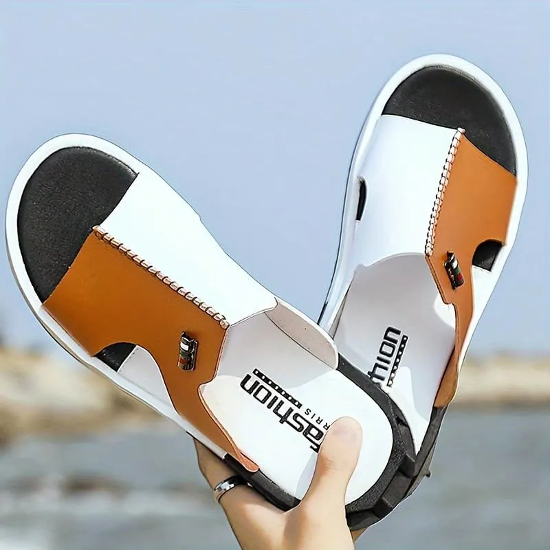 Men's Block Color Stitched Casual Slides with Microfiber Leather Uppers, Casual Non Slip Open Toe Beach Shoes for Indoor Outdoor Walking, Spring and Summer