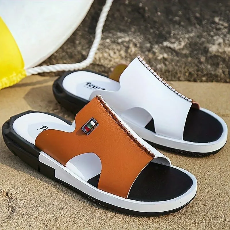 Men's Block Color Stitched Casual Slides with Microfiber Leather Uppers, Casual Non Slip Open Toe Beach Shoes for Indoor Outdoor Walking, Spring and Summer