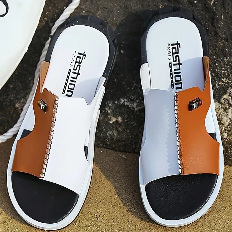 Men's Block Color Stitched Casual Slides with Microfiber Leather Uppers, Casual Non Slip Open Toe Beach Shoes for Indoor Outdoor Walking, Spring and Summer