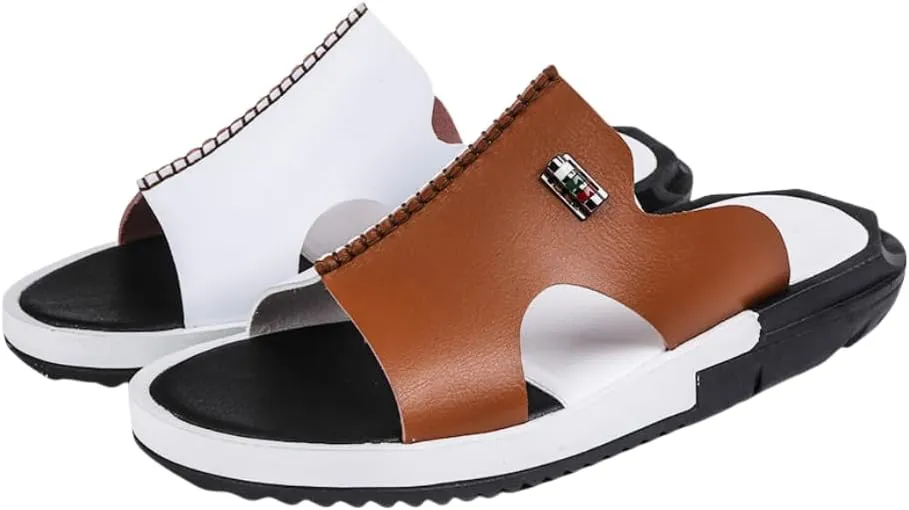 Men's Block Color Stitched Casual Slides with Microfiber Leather Uppers, Casual Non Slip Open Toe Beach Shoes for Indoor Outdoor Walking, Spring and Summer