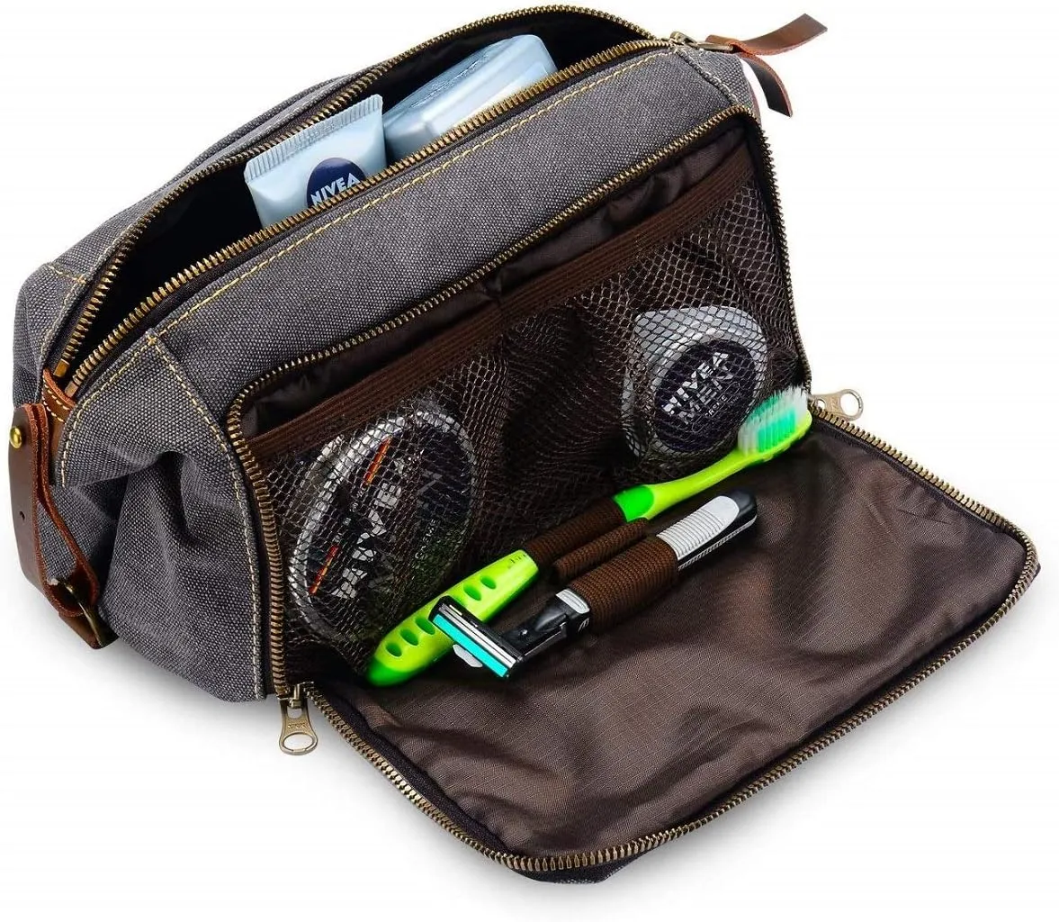 Mens Canvas Toiletry Bags for Women Travel Toiletry Bag Dopp Kit with Genuine Leather Trim and YKK Zipper