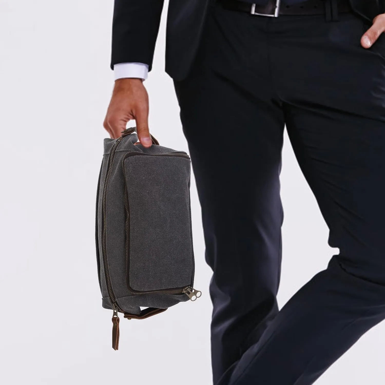 Mens Canvas Toiletry Bags for Women Travel Toiletry Bag Dopp Kit with Genuine Leather Trim and YKK Zipper