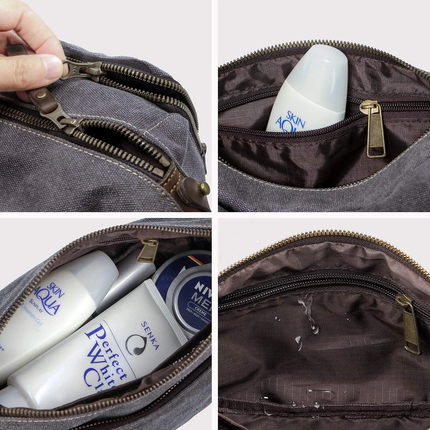 Mens Canvas Toiletry Bags for Women Travel Toiletry Bag Dopp Kit with Genuine Leather Trim and YKK Zipper